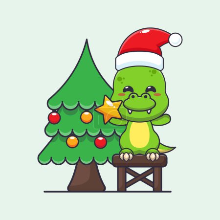 Téléchargez les illustrations : Mignon dino prenant étoile de l'arbre de Noël. Jolie illustration de personnage de dessin animé de Noël. - en licence libre de droit