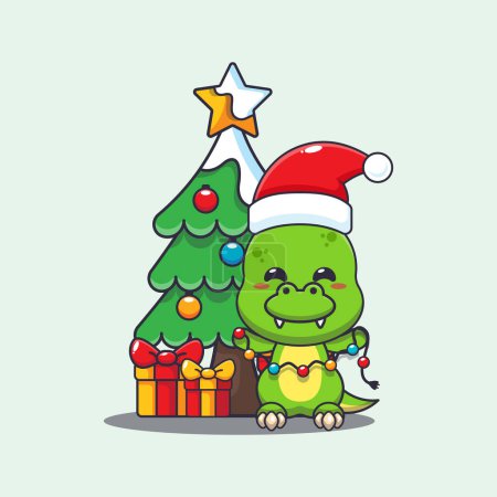 Illustration for Cute dino with christmast lamp. Cute christmas cartoon character illustration. - Royalty Free Image