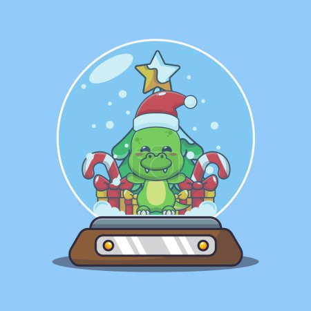 Illustration for Cute dino in snow globe. Cute christmas cartoon character illustration. - Royalty Free Image