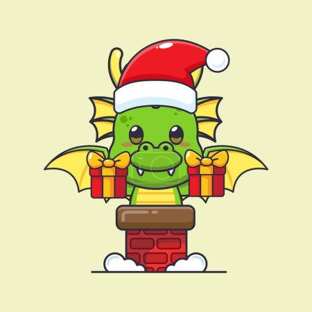 Illustration for Cute dragon with santa hat in the chimney. Cute christmas cartoon character illustration. - Royalty Free Image