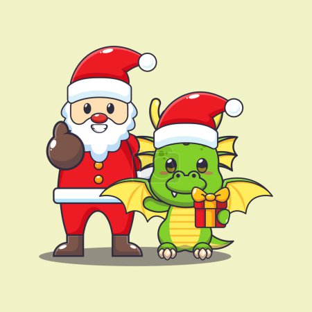 Téléchargez les illustrations : Mignon dragon avec Père Noël claus. Jolie illustration de personnage de dessin animé de Noël. - en licence libre de droit