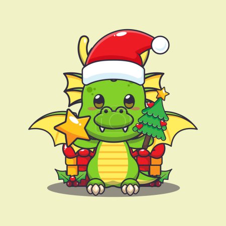 Téléchargez les illustrations : Mignon dragon tenant étoile et arbre de Noël. Jolie illustration de personnage de dessin animé de Noël. - en licence libre de droit