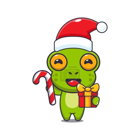 Illustration for Cute frog holding christmas candy and gift. Cute christmas cartoon character illustration. - Royalty Free Image