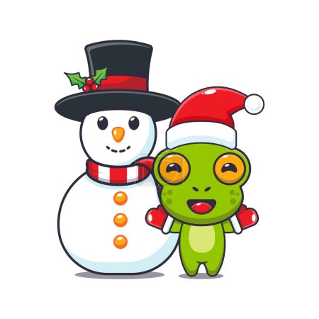 Téléchargez les illustrations : Jolie grenouille jouant avec bonhomme de neige. Jolie illustration de personnage de dessin animé de Noël. - en licence libre de droit