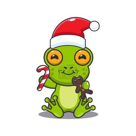 Téléchargez les illustrations : Jolie grenouille mangeant des biscuits de Noël et des bonbons. Jolie illustration de personnage de dessin animé de Noël. - en licence libre de droit
