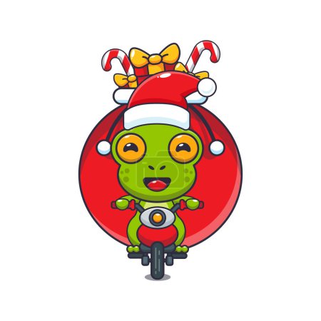 Ilustración de Linda rana llevando regalo de Navidad con motocicleta. Lindo personaje de dibujos animados de Navidad ilustración. - Imagen libre de derechos