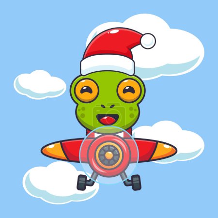 Téléchargez les illustrations : Jolie grenouille portant le chapeau de Père Noël volant avec l'avion. Jolie illustration de personnage de dessin animé de Noël. - en licence libre de droit
