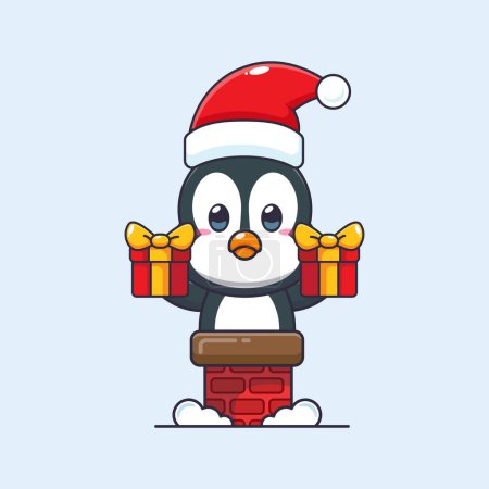 Ilustración de Lindo pingüino con sombrero de santa en la chimenea. Lindo personaje de dibujos animados de Navidad ilustración. - Imagen libre de derechos