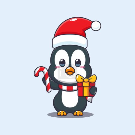 Téléchargez les illustrations : Mignon pingouin tenant bonbons de Noël et cadeau. Jolie illustration de personnage de dessin animé de Noël. - en licence libre de droit
