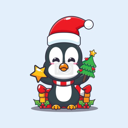 Téléchargez les illustrations : Mignon pingouin tenant étoile et arbre de Noël. Jolie illustration de personnage de dessin animé de Noël. - en licence libre de droit
