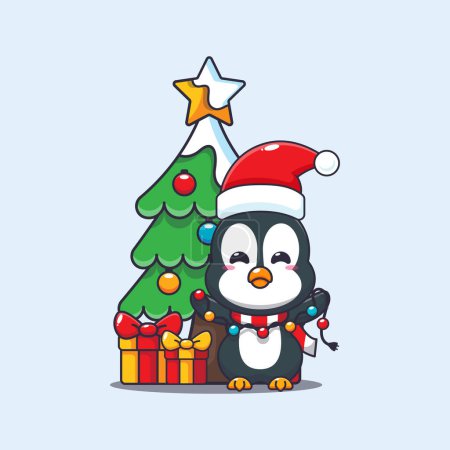 Téléchargez les illustrations : Mignon pingouin avec lampe de mât de Noël. Jolie illustration de personnage de dessin animé de Noël. - en licence libre de droit