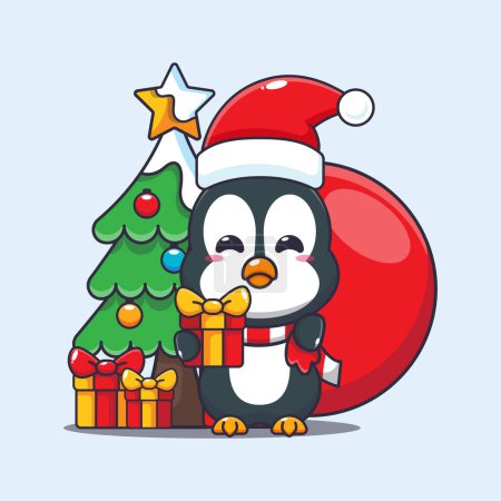 Téléchargez les illustrations : Mignon pingouin portant cadeau de Noël. Jolie illustration de personnage de dessin animé de Noël. - en licence libre de droit