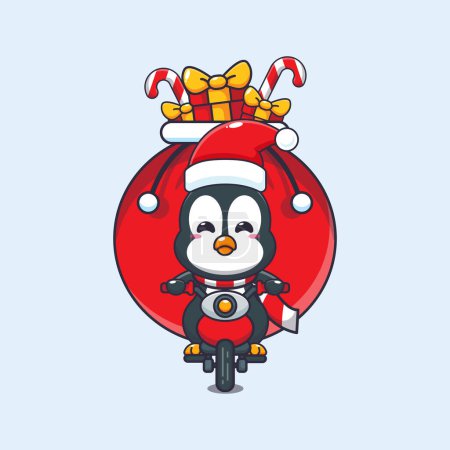 Téléchargez les illustrations : Mignon pingouin portant cadeau de Noël avec moto. Jolie illustration de personnage de dessin animé de Noël. - en licence libre de droit
