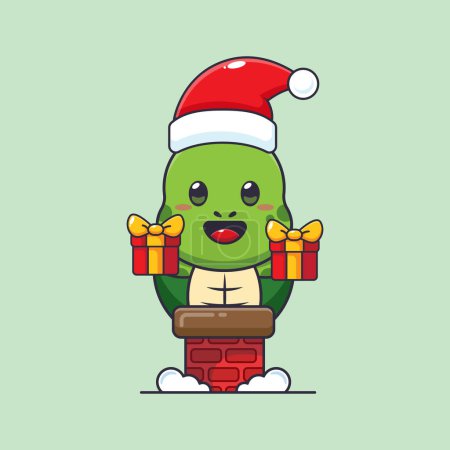 Illustration for Cute turtle with santa hat in the chimney. Cute christmas cartoon character illustration. - Royalty Free Image