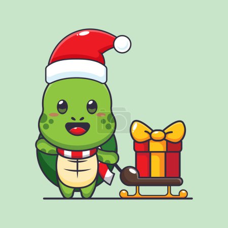 Téléchargez les illustrations : Jolie tortue portant boîte cadeau de Noël. Jolie illustration de personnage de dessin animé de Noël. - en licence libre de droit