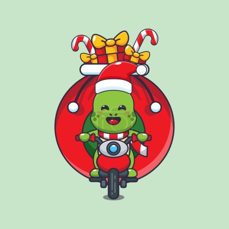 Téléchargez les illustrations : Jolie tortue portant cadeau de Noël avec moto. Jolie illustration de personnage de dessin animé de Noël. - en licence libre de droit