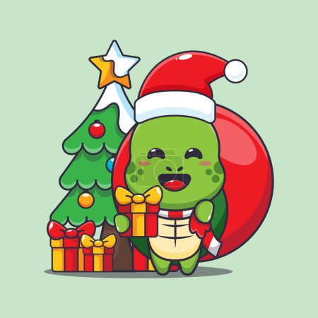 Téléchargez les illustrations : Jolie tortue portant cadeau de Noël. Jolie illustration de personnage de dessin animé de Noël. - en licence libre de droit