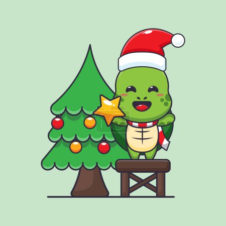 Téléchargez les illustrations : Jolie tortue prenant étoile de l'arbre de Noël. Jolie illustration de personnage de dessin animé de Noël. - en licence libre de droit