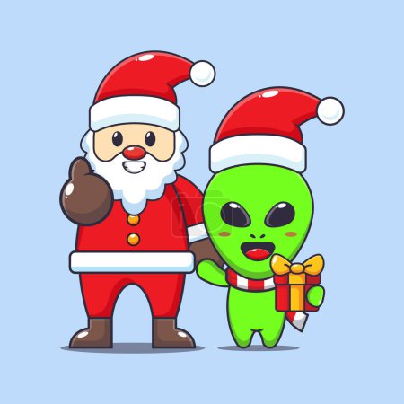 Illustration for Cute alien with santa claus. Cute christmas cartoon character illustration. - Royalty Free Image