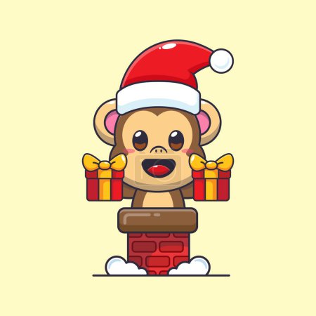 Ilustración de Lindo mono con sombrero de santa en la chimenea. Lindo personaje de dibujos animados de Navidad ilustración. - Imagen libre de derechos