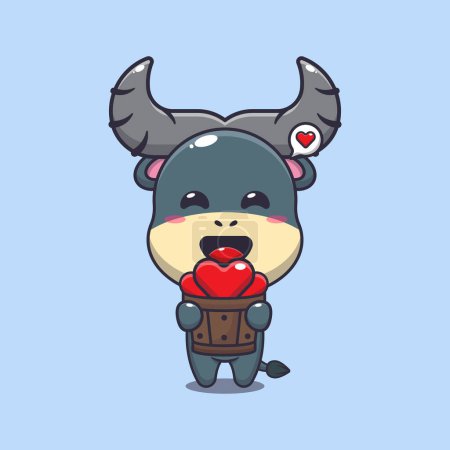 Illustration for Cute buffalo cartoon character holding love in wood bucket. - Royalty Free Image
