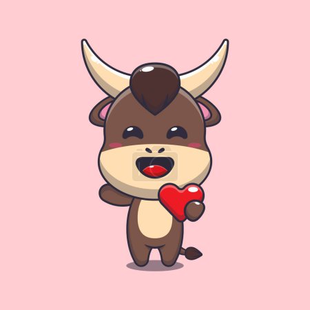 Illustration for Cute bull cartoon character holding love heart at valentine's day. - Royalty Free Image