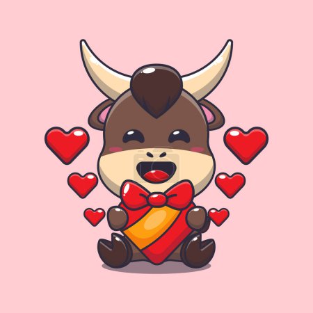 Ilustración de Lindo toro feliz con regalo de amor en el día de San Valentín. - Imagen libre de derechos