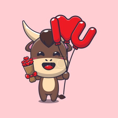 Illustration for Cute bull cartoon character holding love balloon and love flowers. - Royalty Free Image
