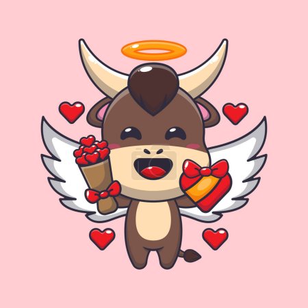Téléchargez les illustrations : Mignon taureau Cupidon personnage de dessin animé tenant cadeau d'amour et bouquet d'amour. - en licence libre de droit