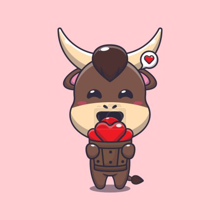 Illustration for Cute bull cartoon character holding love in wood bucket. - Royalty Free Image