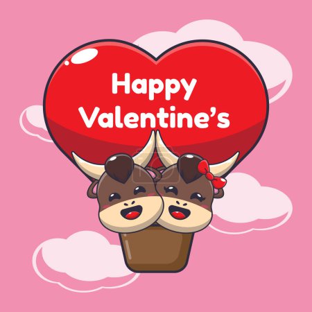 Illustration for Cute bull cartoon character fly with air balloon in valentine's day. - Royalty Free Image