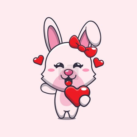 Téléchargez les illustrations : Mignon lapin personnage de dessin animé tenant coeur d'amour à la Saint-Valentin. - en licence libre de droit