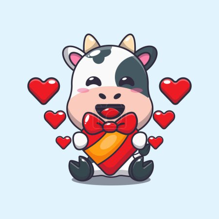 Illustration for Cute cow happy with love gift in valentine's day. - Royalty Free Image