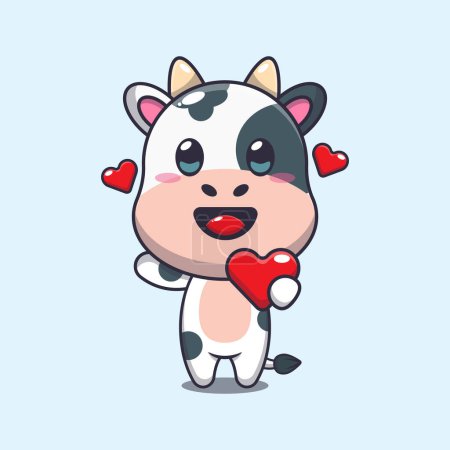 Téléchargez les illustrations : Mignon personnage de dessin animé vache tenant coeur d'amour à la Saint-Valentin. - en licence libre de droit