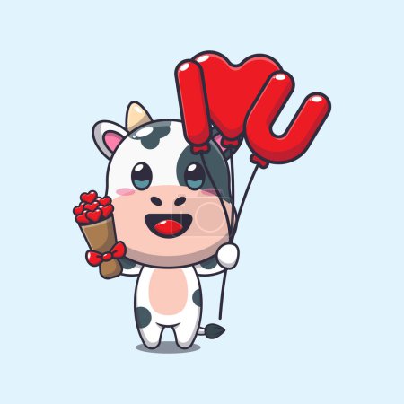 Téléchargez les illustrations : Mignon personnage de dessin animé vache tenant ballon d'amour et fleurs d'amour. - en licence libre de droit