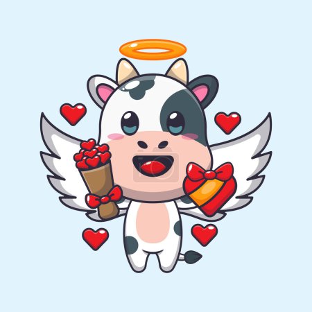 Téléchargez les illustrations : Mignon personnage de dessin animé vache Cupidon tenant cadeau d'amour et bouquet d'amour. - en licence libre de droit