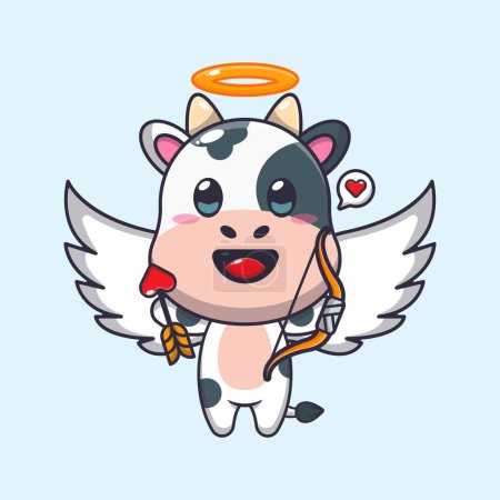 Téléchargez les illustrations : Mignon vache Cupidon personnage de dessin animé tenant flèche d'amour. - en licence libre de droit