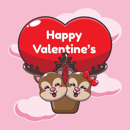 Illustration for Cute deer cartoon character fly with air balloon in valentine's day. - Royalty Free Image