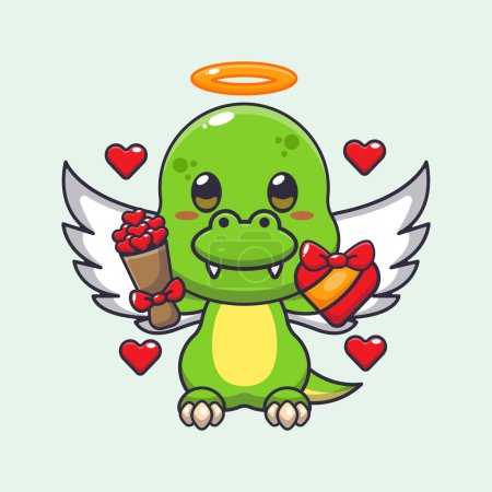 Ilustración de Lindo personaje de dibujos animados Dino Cupido sosteniendo regalo de amor y ramo de amor. - Imagen libre de derechos