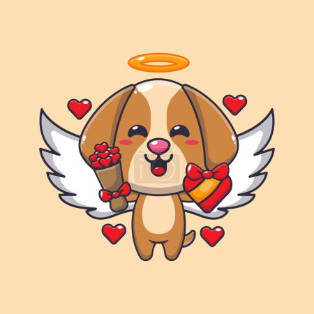 Téléchargez les illustrations : Mignon chien Cupidon personnage de dessin animé tenant cadeau d'amour et bouquet d'amour. - en licence libre de droit