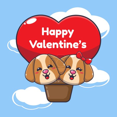 Ilustración de Lindo perro personaje de dibujos animados volar con globo de aire en el día de San Valentín. - Imagen libre de derechos