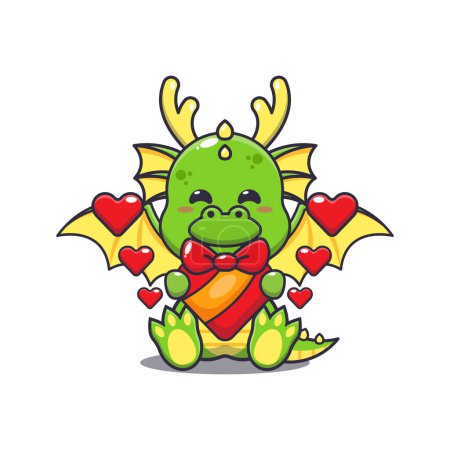 Ilustración de Lindo dragón feliz con el regalo de amor en el día de San Valentín. - Imagen libre de derechos