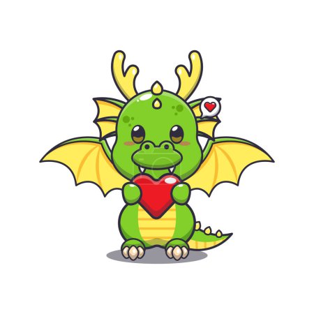 Ilustración de Lindo dragón personaje de dibujos animados con corazón de amor. - Imagen libre de derechos