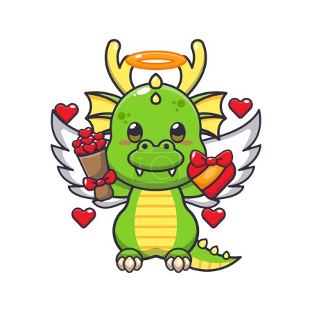 Téléchargez les illustrations : Mignon dragon Cupidon personnage de dessin animé tenant cadeau d'amour et bouquet d'amour. - en licence libre de droit