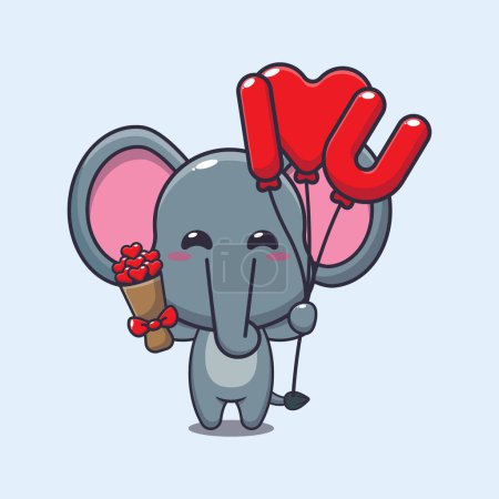 Téléchargez les illustrations : Mignon éléphant personnage de dessin animé tenant ballon d'amour et fleurs d'amour. - en licence libre de droit