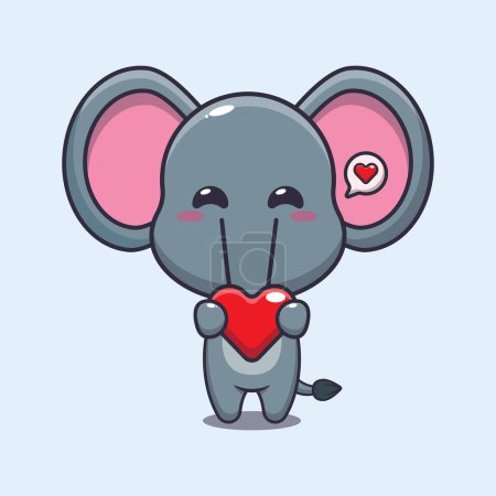 Téléchargez les illustrations : Mignon éléphant personnage de dessin animé tenant coeur d'amour. - en licence libre de droit