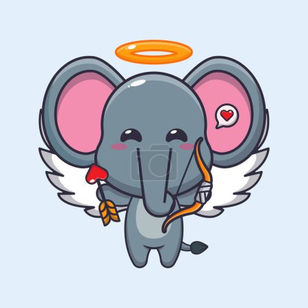 Téléchargez les illustrations : Mignon éléphant Cupidon personnage de dessin animé tenant flèche d'amour. - en licence libre de droit