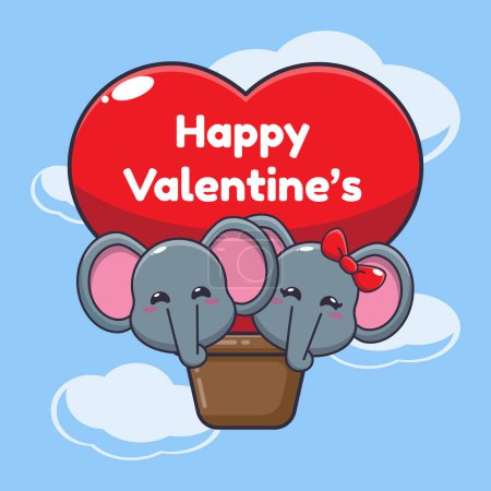 Téléchargez les illustrations : Mignon personnage de dessin animé éléphant voler avec ballon d'air dans la Saint-Valentin. - en licence libre de droit