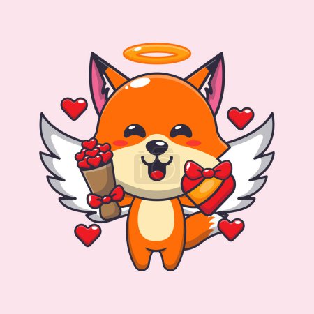 Illustration for Cute fox cupid cartoon character holding love gift and love bouquet. - Royalty Free Image