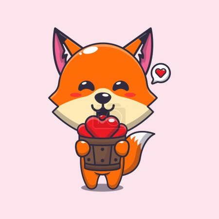 Illustration for Cute fox cartoon character holding love in wood bucket. - Royalty Free Image